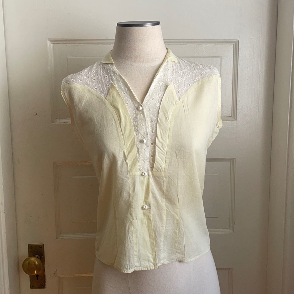 Light Yellow & White Linen and Eyelet Inset Top